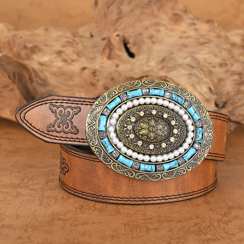 Cintura in pelle con fibbia a medaglione Boho con perle turchesi da donna - image 1