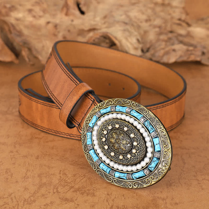 Cintura in pelle con fibbia a medaglione Boho con perle turchesi da donna - Cioccolato - 36 - image 0