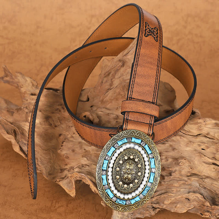 Cintura in pelle con fibbia a medaglione Boho con perle turchesi da donna - image 2