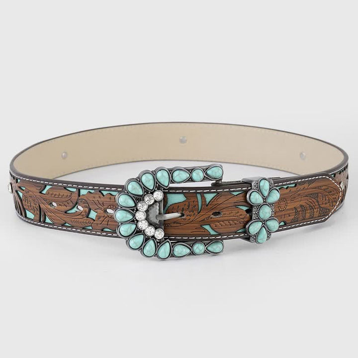 Cintura da donna in pelle western con fiore in rilievo turchese - Marrone scuro - 40 - image 0