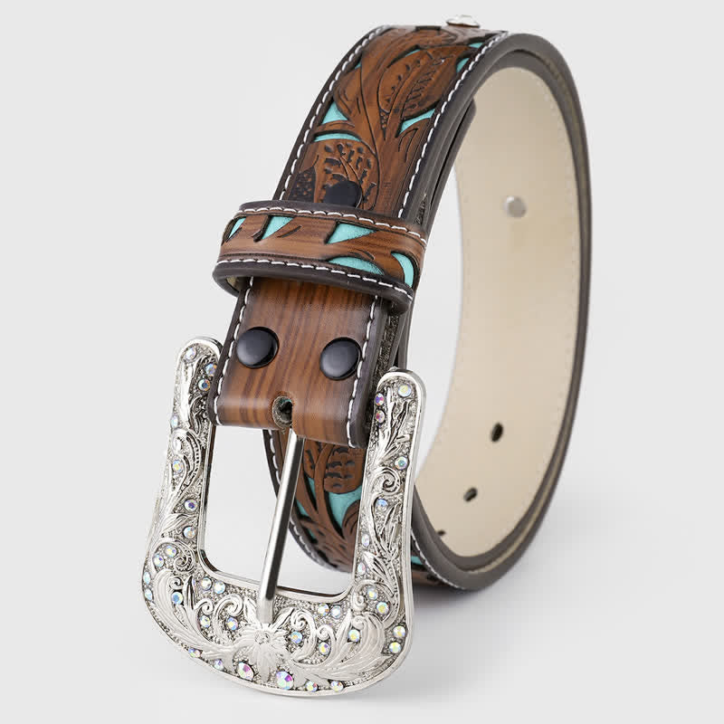 Cintura da donna in pelle marrone scuro con fiore in rilievo e strass - image 2