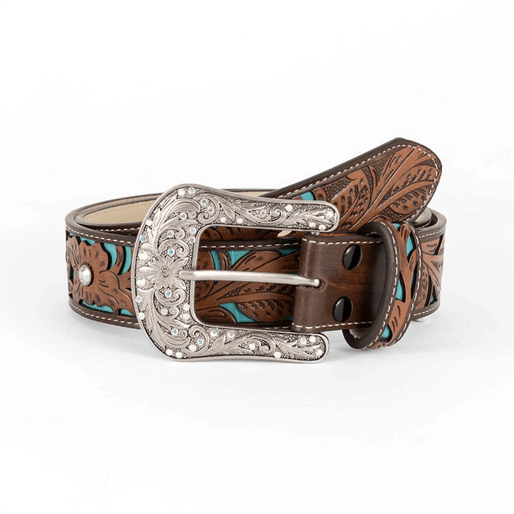 Cintura da donna in pelle marrone scuro con fiore in rilievo e strass - image 3