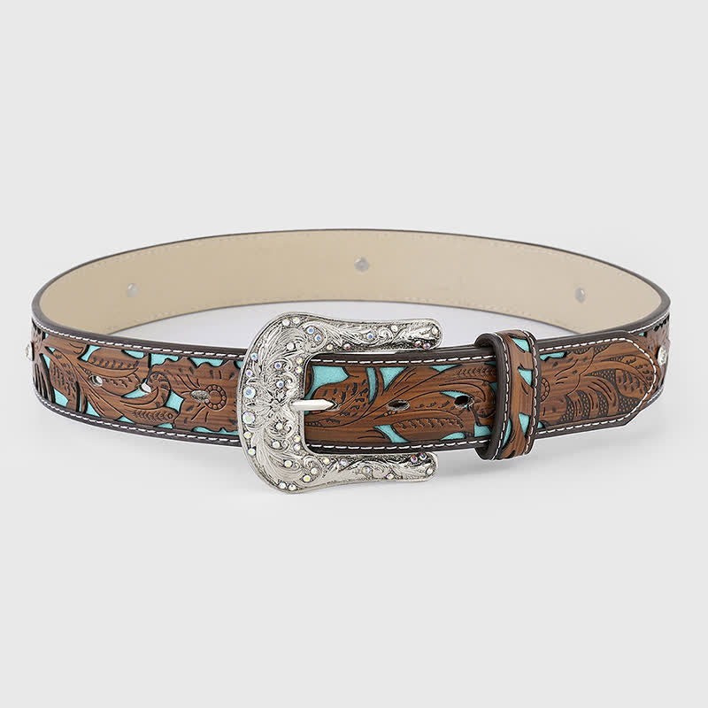 Cintura da donna in pelle marrone scuro con fiore in rilievo e strass - Marrone scuro - 40 - image 0