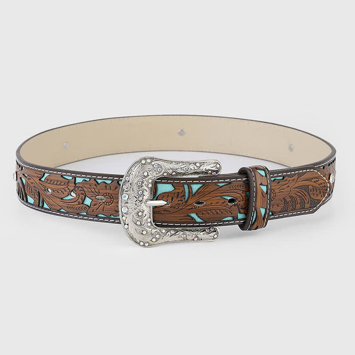 Cintura da donna in pelle marrone scuro con fiore in rilievo e strass - Marrone scuro - 40 - image 0