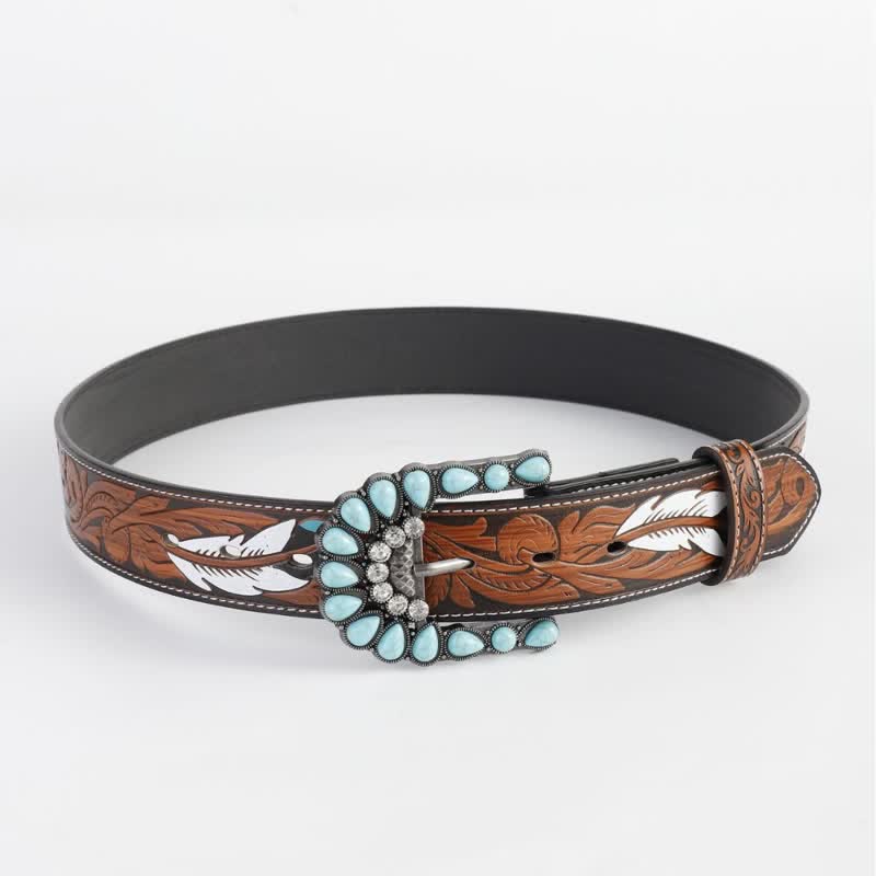 Cintura in pelle stampata con piuma incisa vintage da donna - Turchese - 40 - image 3