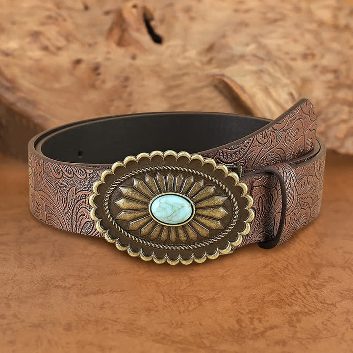Cintura in pelle marrone con girasole turchese boho da donna - Marrone chiaro - 34 - image 0