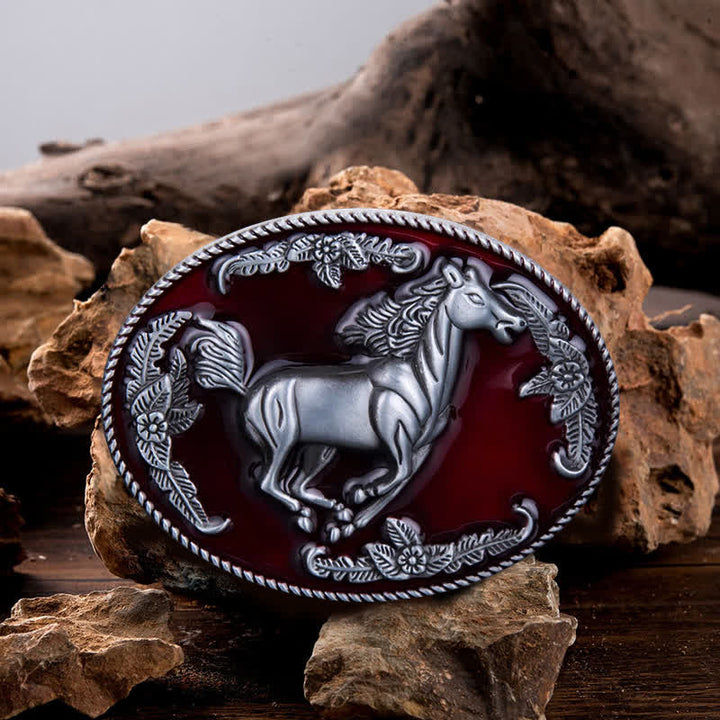 Cintura in pelle fai da te da uomo con fibbia a forma di cavallo in corsa in smalto rosso - Cavallo - Senza cintura - image 0
