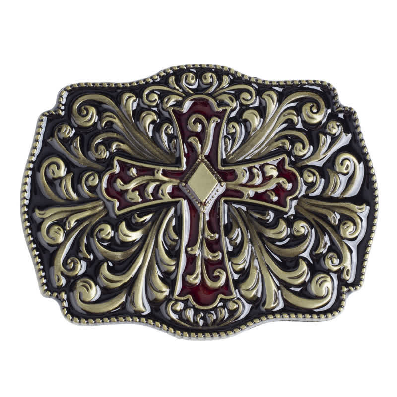 Cintura in pelle con fibbia a croce in smalto rosso fai da te da uomo - Bronzo antico - Senza cintura - image 3
