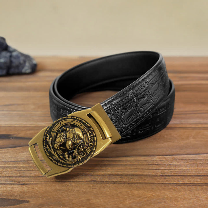 Cintura in pelle con fibbia automatica a doppia testa di cavallo fai da te da uomo - Testa di cavallo - Cintura con motivo serpente nero (40) - image 4