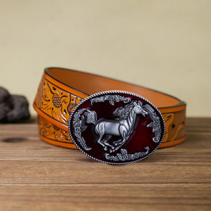 Cintura in pelle fai da te da uomo con fibbia a forma di cavallo in corsa in smalto rosso - Cavallo - Cintura intagliata arancione (40) - image 17