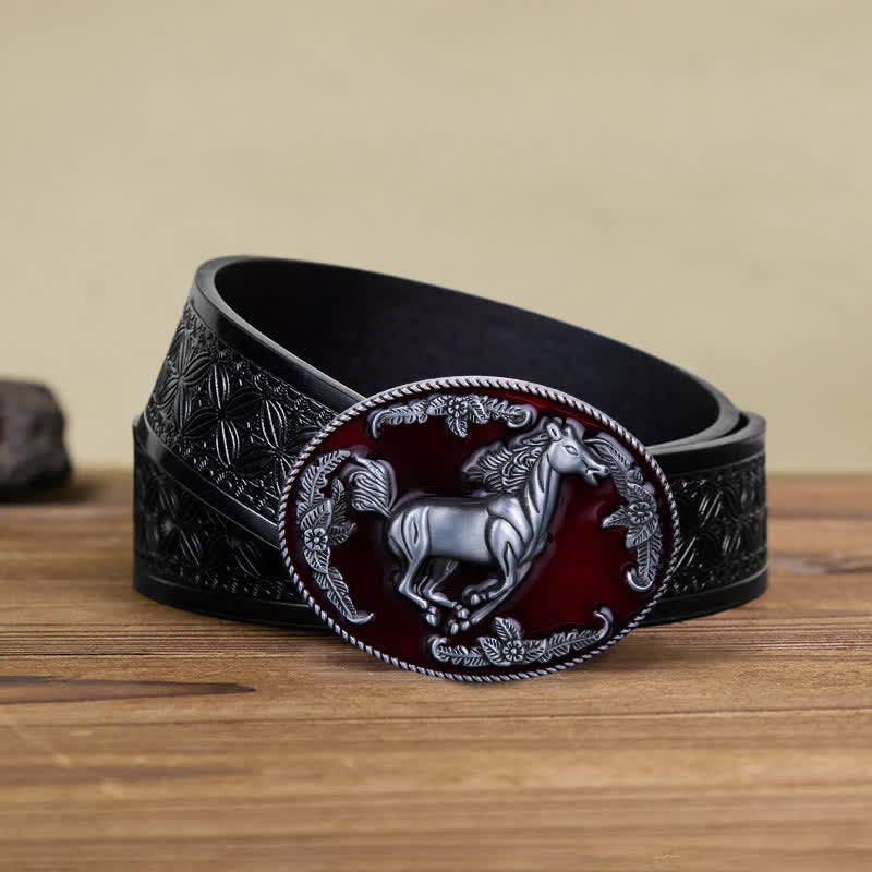 Cintura in pelle fai da te da uomo con fibbia a forma di cavallo in corsa in smalto rosso - Cavallo - Cintura in tessuto goffrato nero (40) - image 9