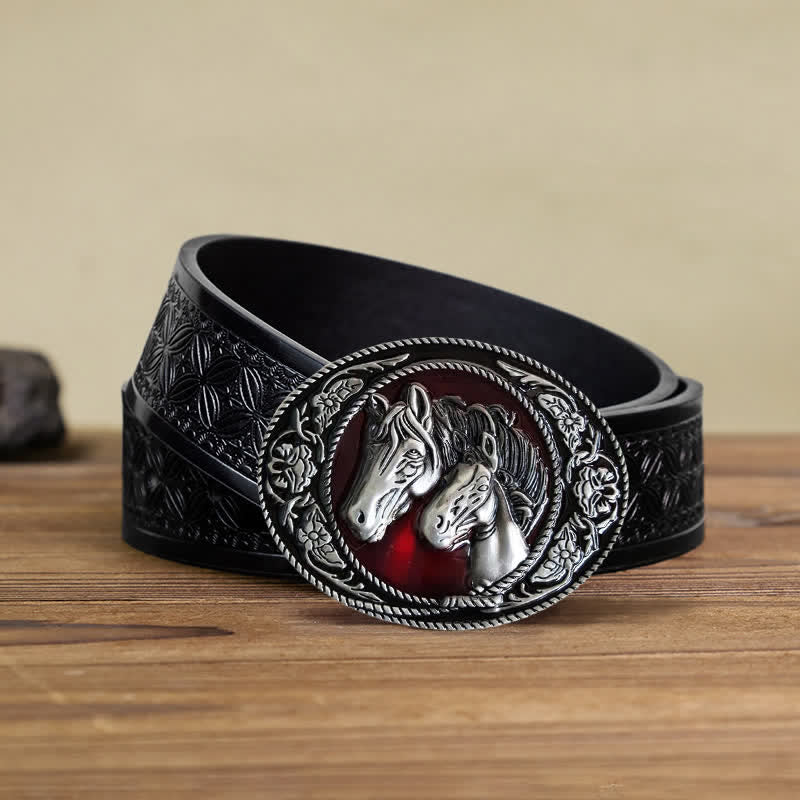 Cintura in pelle con fibbia smaltata fai da te a forma di cavallo e puledro da uomo - Cavalli - Cintura in tessuto goffrato nero (40) - image 8