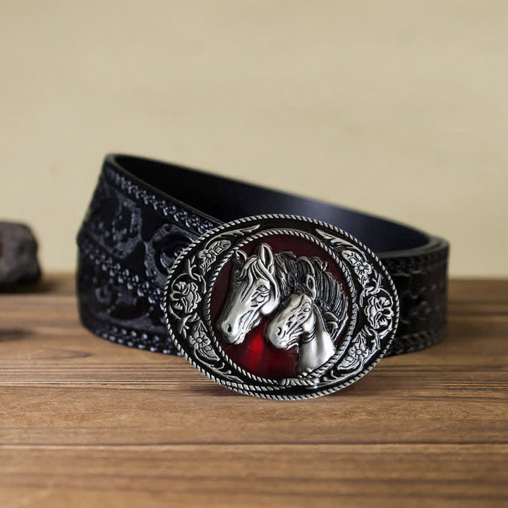 Cintura in pelle con fibbia smaltata fai da te a forma di cavallo e puledro da uomo - Cavalli - Cintura nera intagliata (40) - image 10