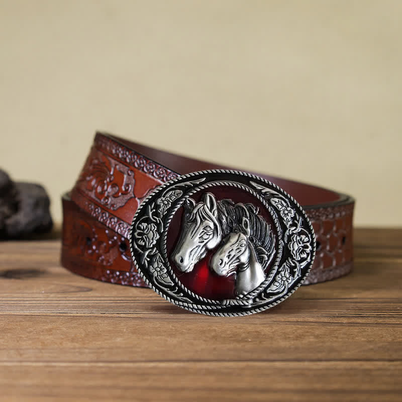 Cintura in pelle con fibbia smaltata fai da te a forma di cavallo e puledro da uomo - Cavalli - Cintura marrone intagliata (40) - image 12