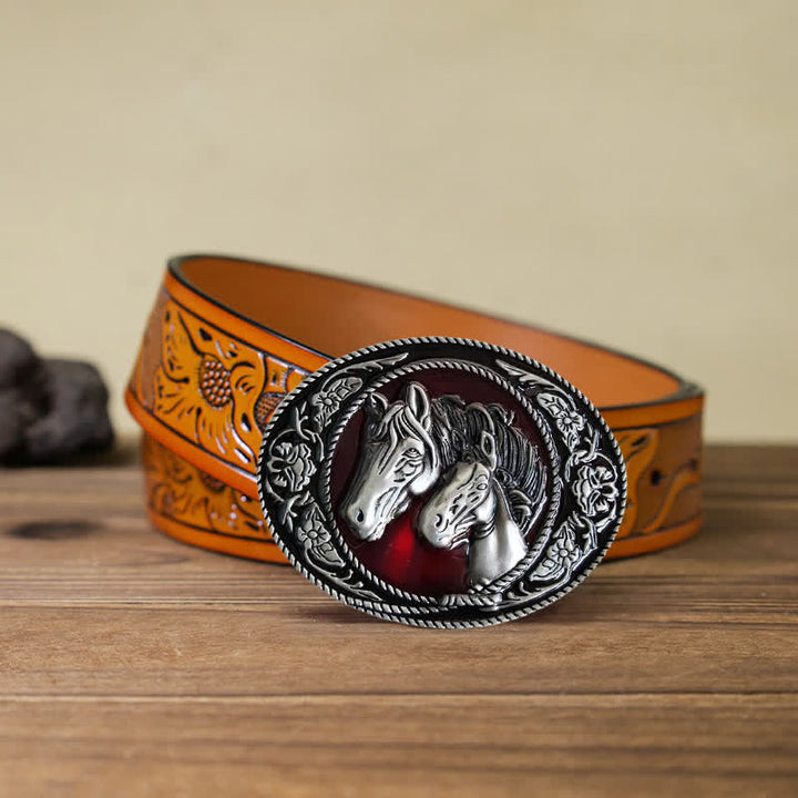 Cintura in pelle con fibbia smaltata fai da te a forma di cavallo e puledro da uomo - Cavalli - Cintura intagliata arancione (40) - image 16