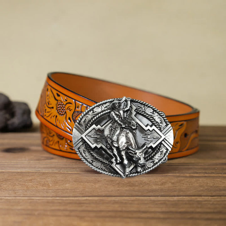 Cintura in pelle con fibbia da rodeo bull rider fai da te da uomo - Argento - Cintura intagliata arancione (40) - image 21