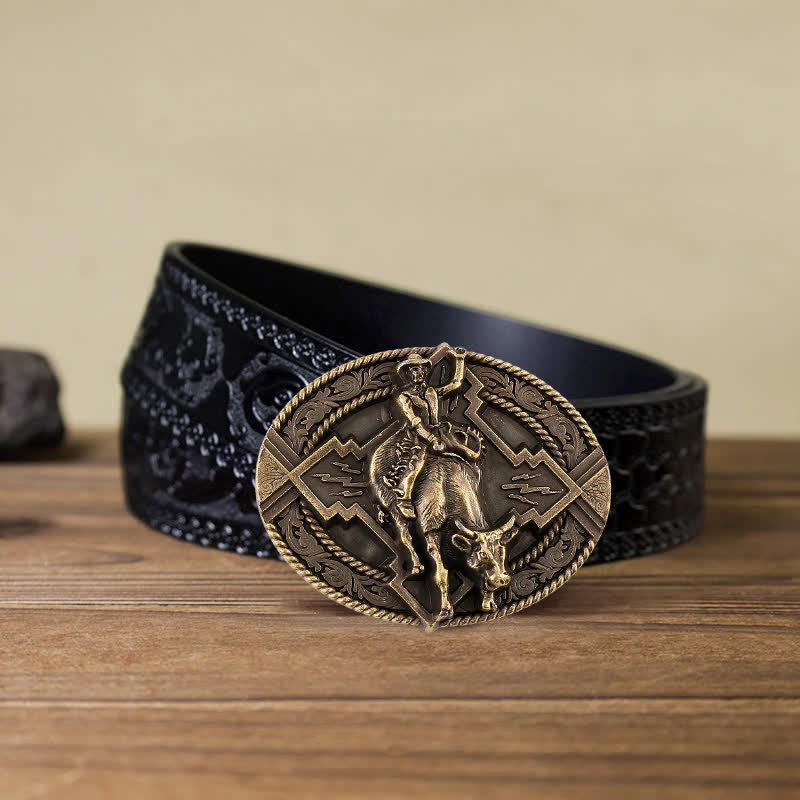 Cintura in pelle con fibbia da rodeo bull rider fai da te da uomo - Bronzo - Cintura nera intagliata (40) - image 13