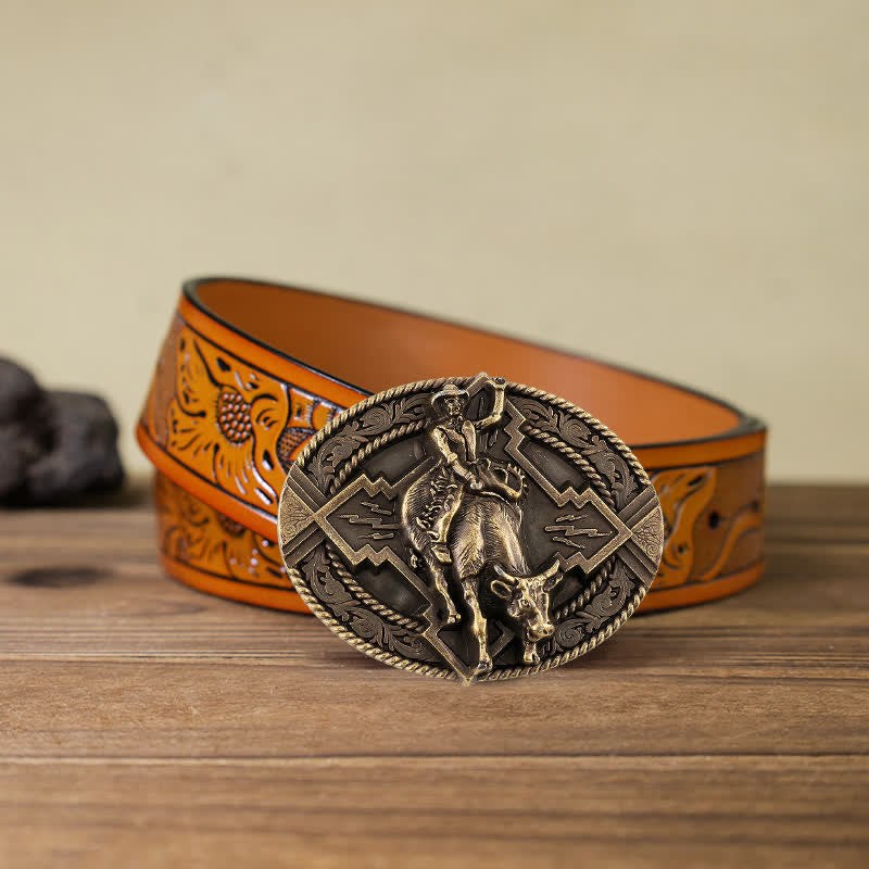 Cintura in pelle con fibbia da rodeo bull rider fai da te da uomo - Bronzo - Cintura intagliata arancione (40) - image 22