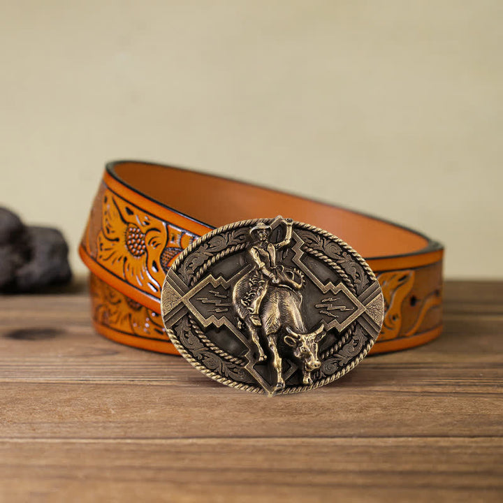 Cintura in pelle con fibbia da rodeo bull rider fai da te da uomo - Bronzo - Cintura intagliata arancione (40) - image 22