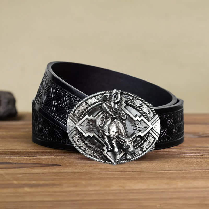 Cintura in pelle con fibbia da rodeo bull rider fai da te da uomo - Argento - Cintura in tessuto goffrato nero (40) - image 9