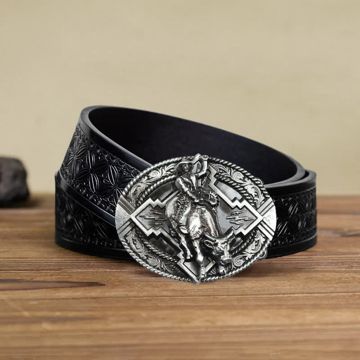 Cintura in pelle con fibbia da rodeo bull rider fai da te da uomo - Argento - Cintura in tessuto goffrato nero (40) - image 9