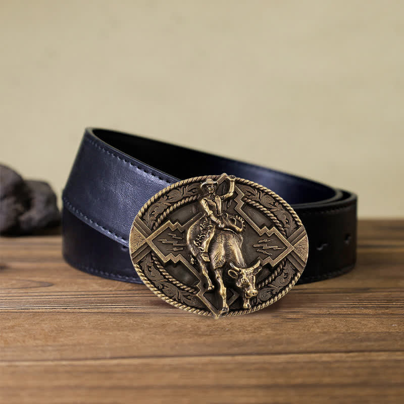 Cintura in pelle con fibbia da rodeo bull rider fai da te da uomo - Bronzo - Cintura PU nera (40) - image 4