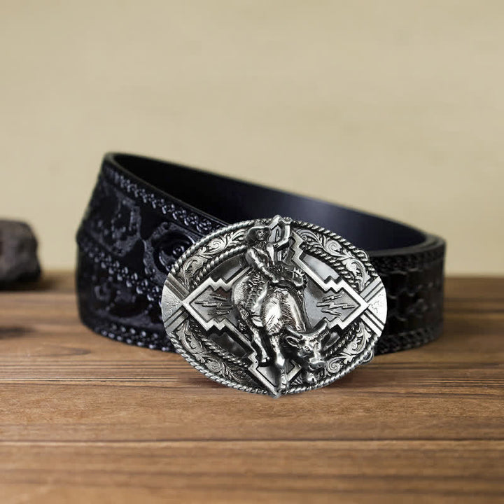 Cintura in pelle con fibbia da rodeo bull rider fai da te da uomo - Argento - Cintura nera intagliata (40) - image 12
