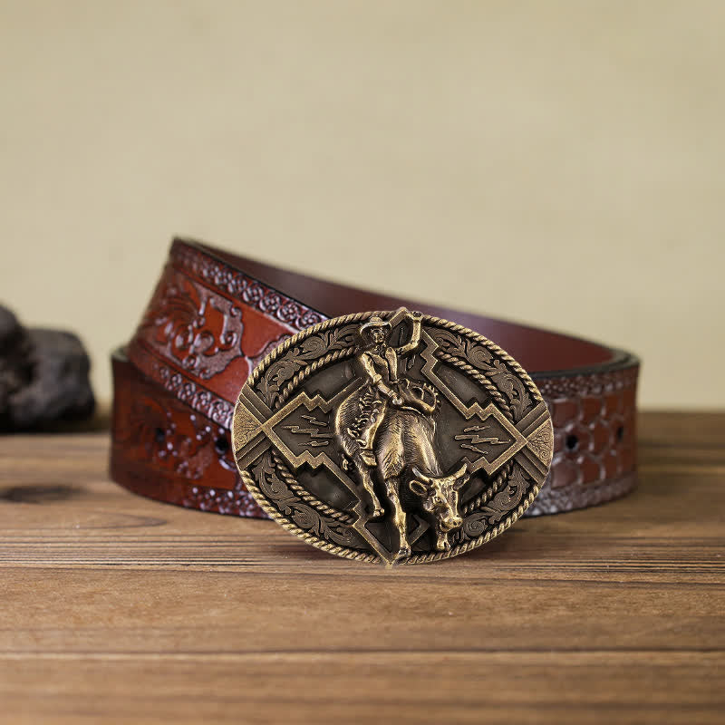 Cintura in pelle con fibbia da rodeo bull rider fai da te da uomo - Bronzo - Cintura marrone intagliata (40) - image 16