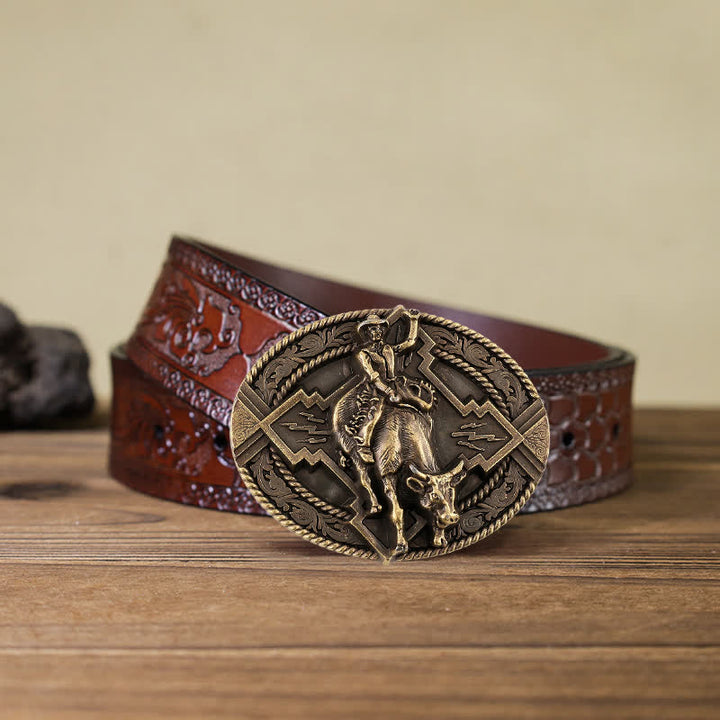 Cintura in pelle con fibbia da rodeo bull rider fai da te da uomo - Bronzo - Cintura marrone intagliata (40) - image 16