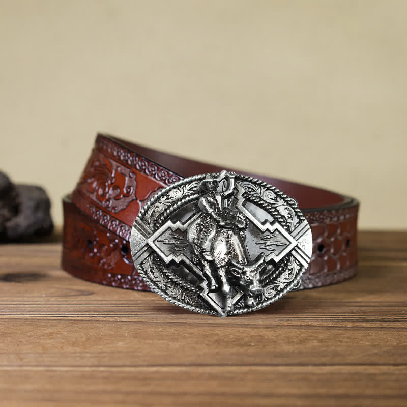 Cintura in pelle con fibbia da rodeo bull rider fai da te da uomo - Argento - Cintura marrone intagliata (40) - image 15