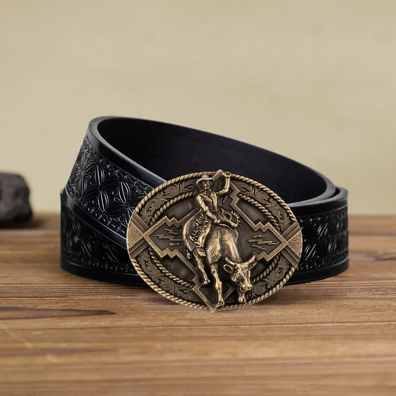 Cintura in pelle con fibbia da rodeo bull rider fai da te da uomo - Bronzo - Cintura in tessuto goffrato nero (40) - image 10