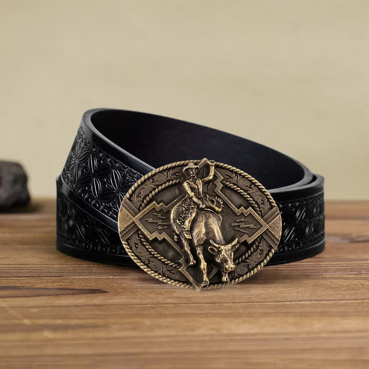 Cintura in pelle con fibbia da rodeo bull rider fai da te da uomo - Bronzo - Cintura in tessuto goffrato nero (40) - image 10