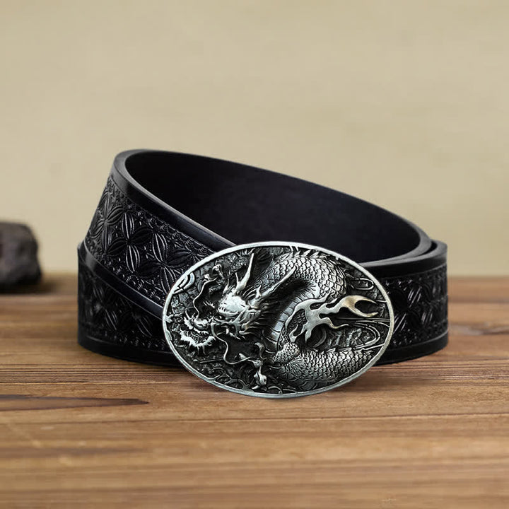 Cintura in pelle con fibbia a forma di drago di fuoco grande fai da te da uomo - Argento antico - Cintura in tessuto goffrato nero (40) - image 10