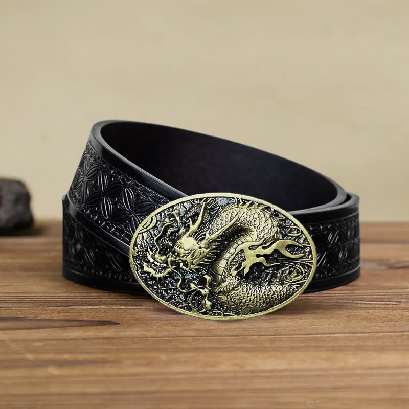 Cintura in pelle con fibbia a forma di drago di fuoco grande fai da te da uomo - Oro antico - Cintura in tessuto goffrato nero (40) - image 11