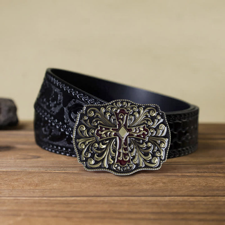 Cintura in pelle con fibbia a croce in smalto rosso fai da te da uomo - Bronzo antico - Cintura nera intagliata (40) - image 15