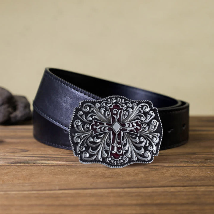 Cintura in pelle con fibbia a croce in smalto rosso fai da te da uomo - Argento antico - Cintura PU nera (40) - image 5