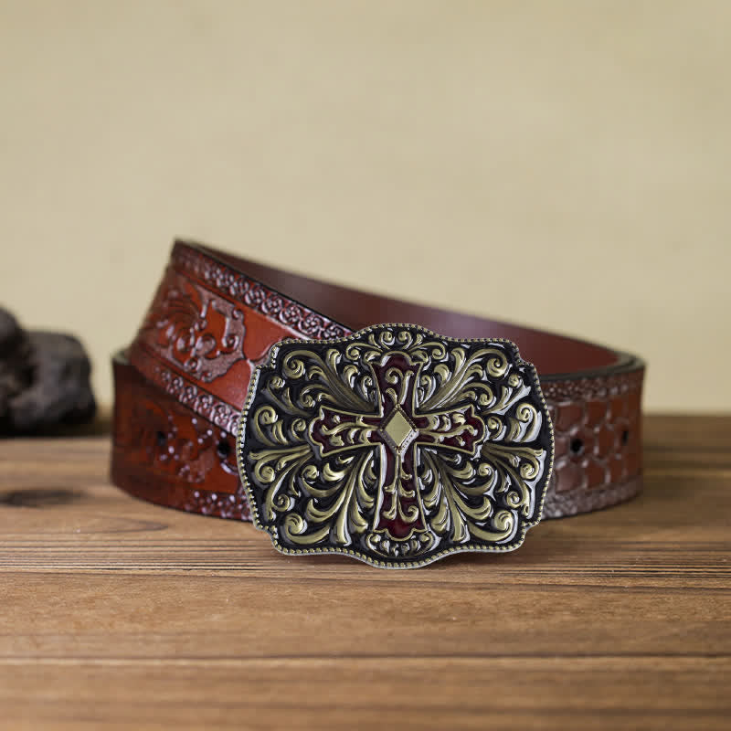 Cintura in pelle con fibbia a croce in smalto rosso fai da te da uomo - Bronzo antico - Cintura marrone intagliata (40) - image 18