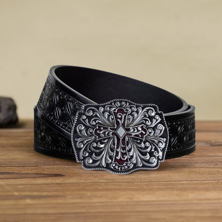 Cintura in pelle con fibbia a croce in smalto rosso fai da te da uomo - Argento antico - Cintura in tessuto goffrato nero (40) - image 11
