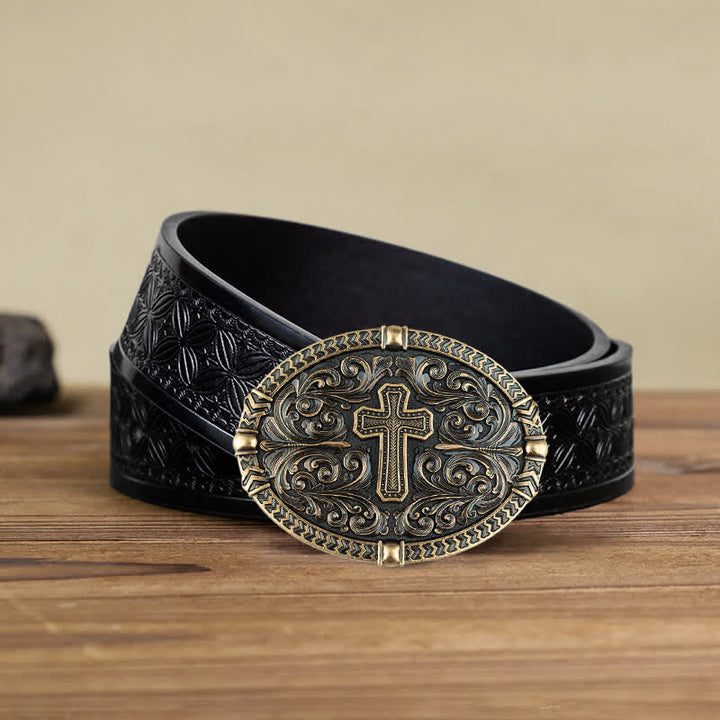 Cintura in pelle con fibbia a croce fai da te da uomo - Bronzo antico - Cintura in tessuto goffrato nero (40) - image 11
