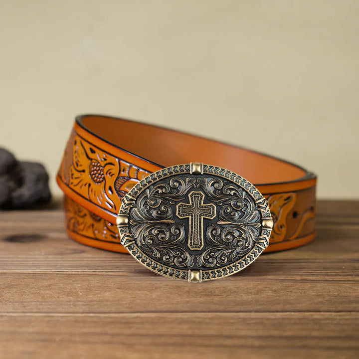 Cintura in pelle con fibbia a croce fai da te da uomo - Bronzo antico - Cintura intagliata arancione (40) - image 23