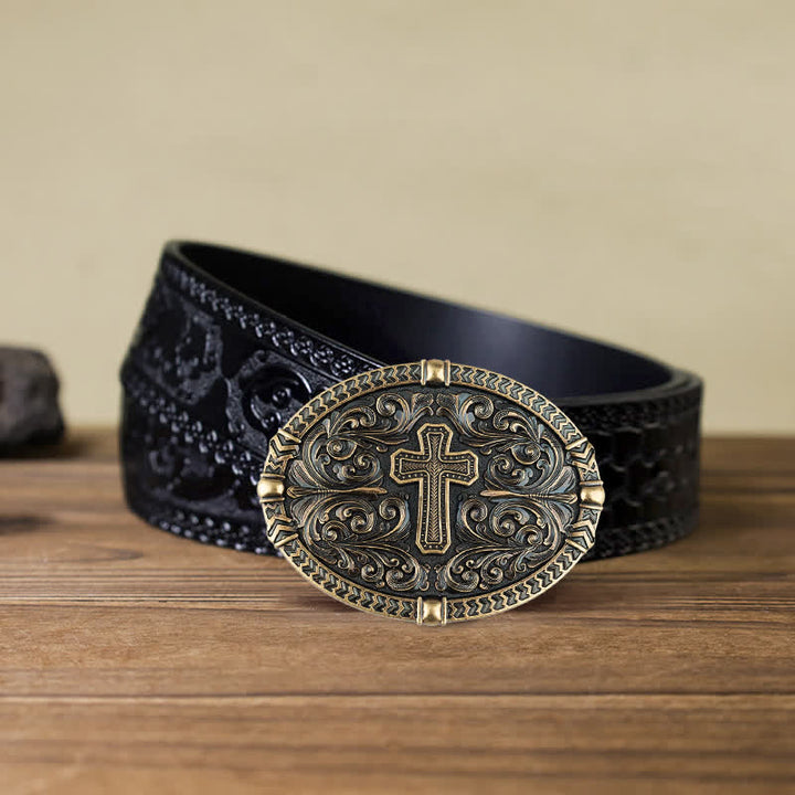 Cintura in pelle con fibbia a croce fai da te da uomo - Bronzo antico - Cintura nera intagliata (40) - image 14