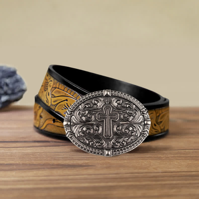 Cintura in pelle con fibbia a croce fai da te da uomo - Argento antico - Cintura marrone sabbia (40) - image 19