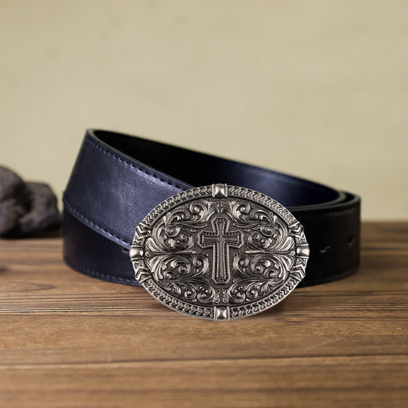 Cintura in pelle con fibbia a croce fai da te da uomo - Argento antico - Cintura PU nera (40) - image 4