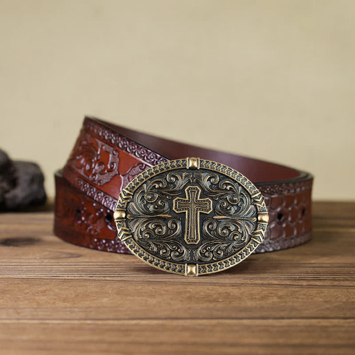 Cintura in pelle con fibbia a croce fai da te da uomo - Bronzo antico - Cintura marrone intagliata (40) - image 17
