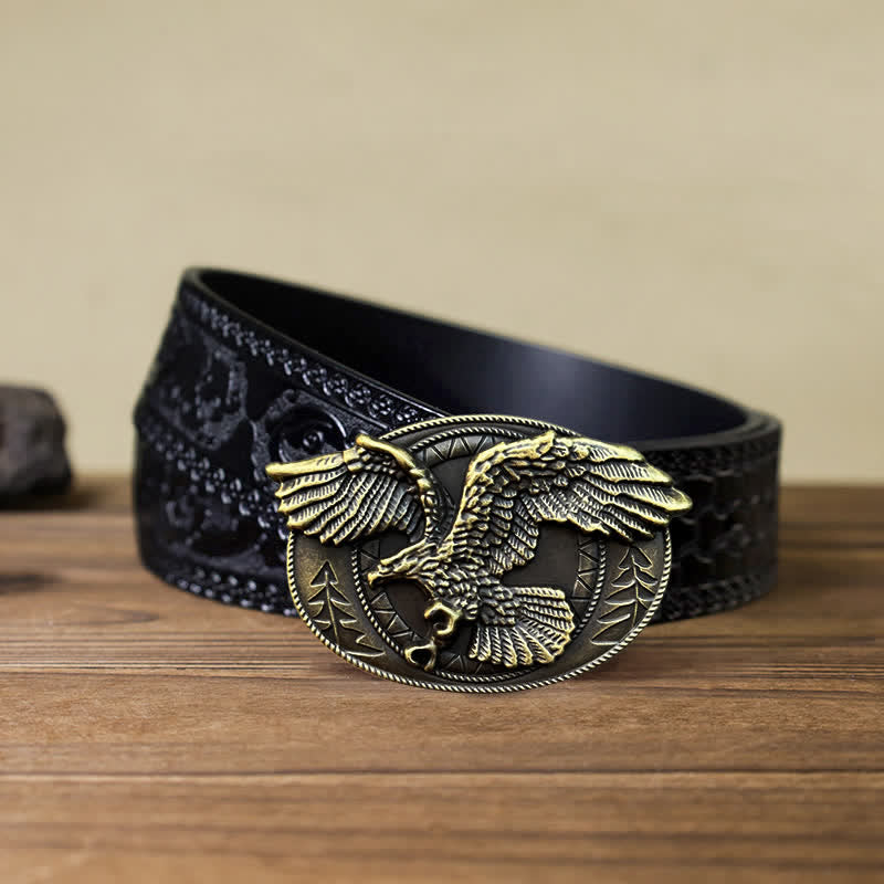 Cintura in pelle con fibbia a forma di aquila calva volante fai da te da uomo - Bronzo antico - Cintura nera intagliata (40) - image 14
