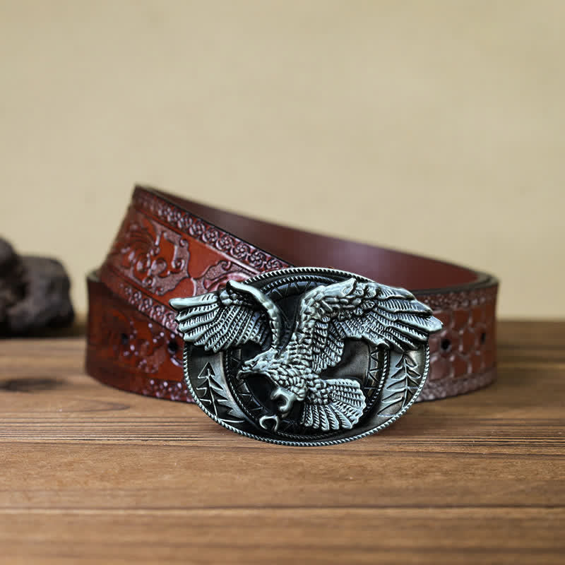 Cintura in pelle con fibbia a forma di aquila calva volante fai da te da uomo - Argento antico - Cintura marrone intagliata (40) - image 18
