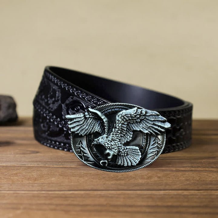 Cintura in pelle con fibbia a forma di aquila calva volante fai da te da uomo - Argento antico - Cintura nera intagliata (40) - image 15