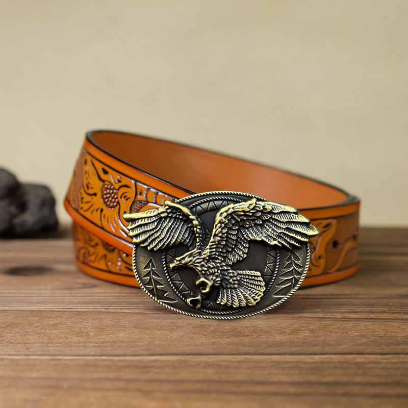 Cintura in pelle con fibbia a forma di aquila calva volante fai da te da uomo - Bronzo antico - Cintura intagliata arancione (40) - image 23