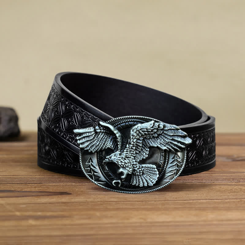 Cintura in pelle con fibbia a forma di aquila calva volante fai da te da uomo - Argento antico - Cintura in tessuto goffrato nero (40) - image 12
