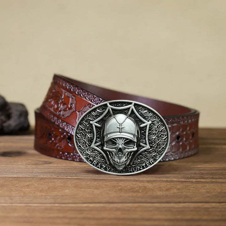 Cintura in pelle con fibbia a teschio Crazy Hunter fai da te da uomo - Argento antico - Cintura marrone intagliata (40) - image 16